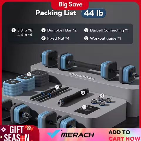 MERACH 3 in 1 Adjustable Dumbbell Weight Set 44lbs Free Weight Set with Connector Used as Dumbbell B