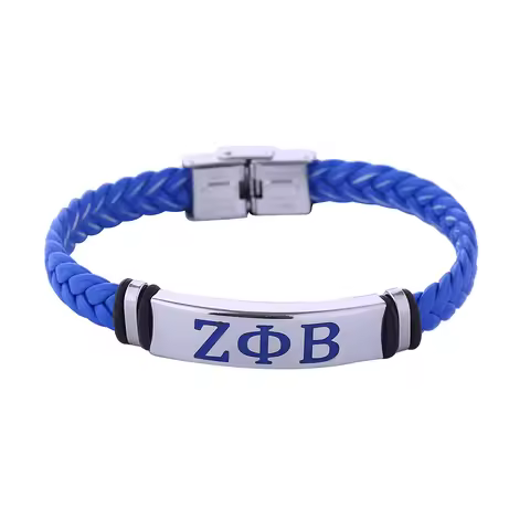 New Arrival Blue Leather Stainless Steele Engraved Greek Letter Zeta Phi Beta Sigma Gamma Rho Bracel