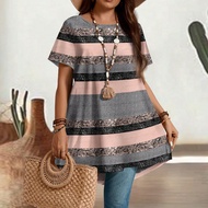 Plus Size Crew Neck Straight Shoulder Short Sleeve Long T-Shirt, Suitable For Summer,Concert Outfit 