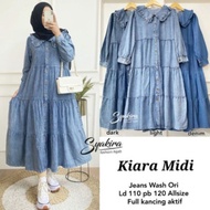 Kiara Midi Dres Jeans Wash HQ / MIDI Dress Jeans Terbaru Ld 110 Jumbo