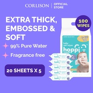 Hoppi Premium 99% Baby Water Wipes / Baby Wipes / Wet Wipes / Wet Tissue - 20 Wipes x 5 Packs