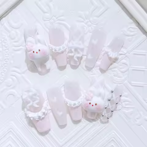 10pcs Cute Rabbit Long Press on Acyrlic Nails Handmade Fake Nails Ballerina Charming y2k Nail Coffin