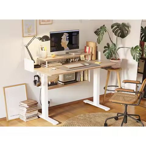 55" Electric Standing Desk with Shelves, 55 x 24 Inch Sit Stand Rising Desk with Monitor Stand and S