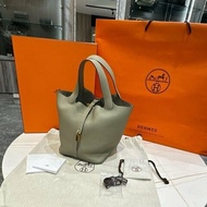 *SHIHNA名牌精品*HERMES Picotin Lock 22 鼠尾草牛皮桶包/ 菜籃子