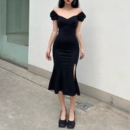 KA5 French palace style bubble short-sleeved one-word square collar slim long skirt summer fishtail 