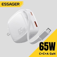 Essager 65W GaN C+C+A Quick Charge Chargers With Retractable Flexible Stretchable Type C Cable+USB-A
