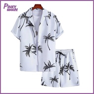 Yoewre Men Shirt Shorts Set Casual Men Suit Tropical Coconut Tree Print Mens Summer Casual Outfit Se