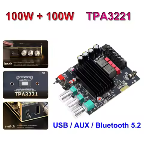 2*100W TPA3221 Bluetooth 5.2 Power Amplifier Board Class D USB AUX Sound Card Home Theater Audio Ste