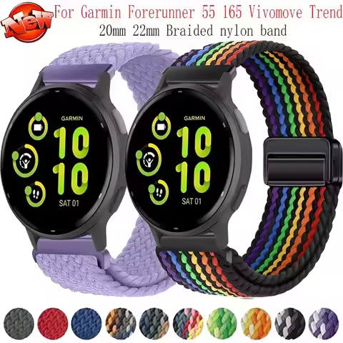 20/22mm Nylon Braided Strap for Garmin Forerunner 55 165 265 965 Magnetic Comfortable Breathable Ban