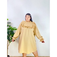 Beige Long-Sleeved Dress With Ruffled Chest Big Size 50-62 Inches