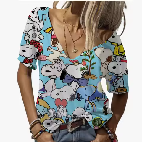 Women's V-neck T-Shirt Fashion Funny Snoopy cartoon print T-Shirt Women's Leisure Short Sleeve T-Shi