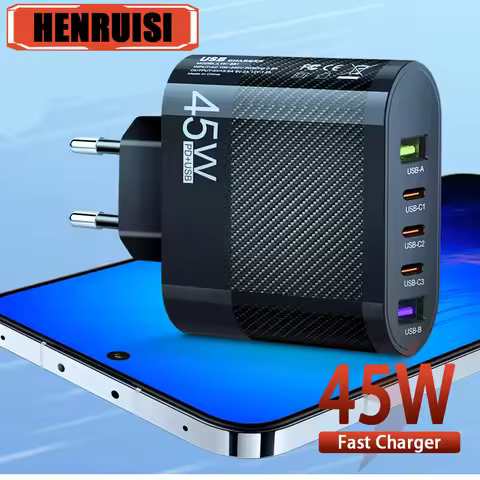 45W 5-Port Fast Charging USB C QC 3.0 Power Supply Mobile Phone Charger Adapter Type C PD For iPhone