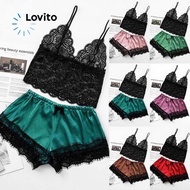 (Essential Item) Lovito Sexy Lace Cami Top with Satin Shorts Lingerie Set for Women