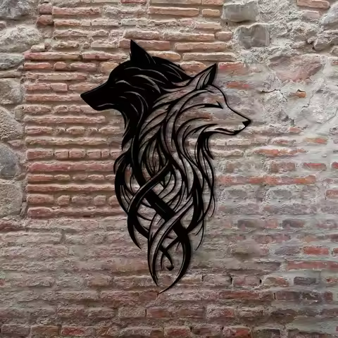 Black White Wolf Head Wall Art Set Twin Wolf Shadows Wrought Iron Sculpture Waterproof Home Decor fo