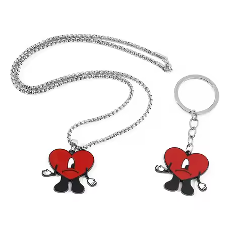 Rap Singer Bad Bunny Red Hear Necklace Cute Bad Rabbit Enamel Pendant Collares Jewelry for Fans Rapp