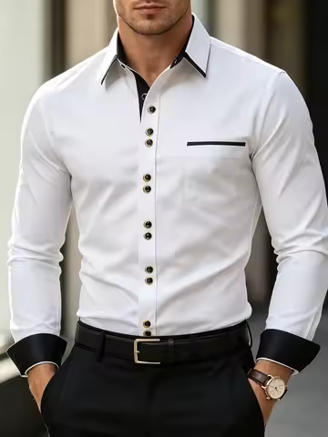 FGKKS Men Shirt Brand New Men's Fashion Multiple Color Patchwork Long Sleeve Elastic Shirt Smart Cas