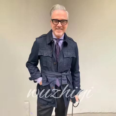 Denim Men's Safari Jacket British Style Business Vintage Four Pockets Casual Sports Jacket Slim Fit 