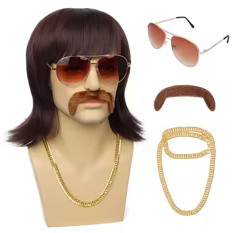 Synthetic Mullet Wig Short 70s Disco Outfit for Men Wig Mustache Glasses and Chain 60s Singer Rocker