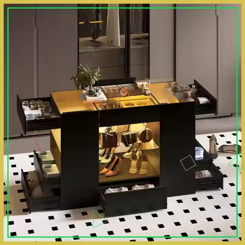 10-Drawer LED Wardrobe Armoire Island with Glass Top, Modern Closet Storage Cabinet for Dressing Roo