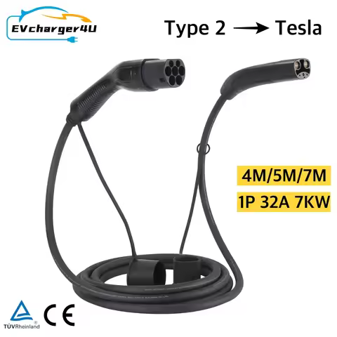 EVcharger4U Type 2 to Tesla EV Charging Cable 4M/7M 1Phase 32A 7KW IEC62196 Type2 NACS Cable for US 