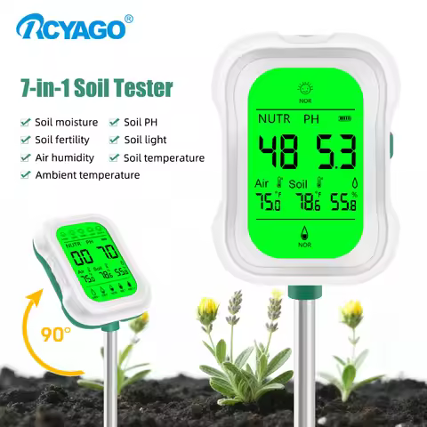 RCYAGO 7-in-1 Digital Soil pH Meter, Sunlight, Fertility, Air Temp & Moisture Tester with Backlit Di