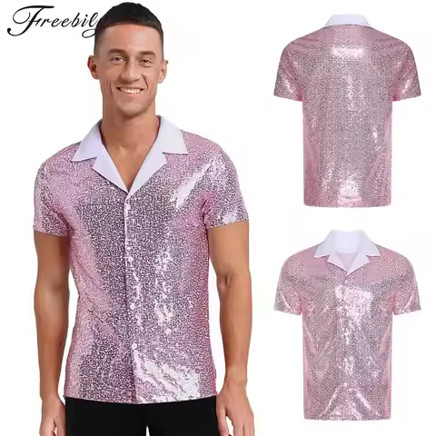 Mens Sparkle Shirts Sequined Short Sleeve Shirt 70s 80s Disco Outfit Button-down Blouse Tops Rock Mu