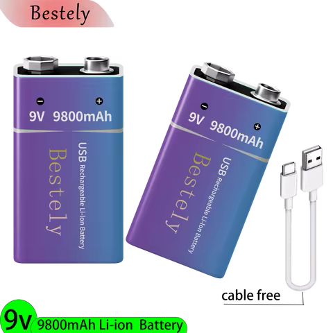 New 9V Rechargeable Lithium Battery , 9800mAh Long Lasting 9v Li-ion Batteries with Cable ,for Smoke