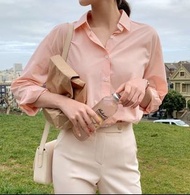 韓國牌子 cherrykoko 經典斷貨款 溫柔氣質粉橙色長袖寬鬆恤衫 襯衫 上衣 長袖衫 salmon pink orange color shirt blouse top 返工OL必備