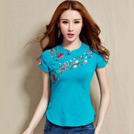 旗袍 Chinese New year CNY qipao hanfu  cheongsam  t shirt 汉服 旗袍 唐装 新年 2020夏季新款民族风绣花纯棉大码短袖t恤女唐装中式刺绣女装上衣