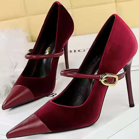 Korean Version Party 10cm 7cm High Heels Women Shoes Thin Heels Velvet Shallow Montage Pointed Toe M