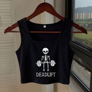 TEMU Ladies' Ribbed Short Crop Top With Neckline, Featuring A Gothic-style Skull Lifting A Barbell W