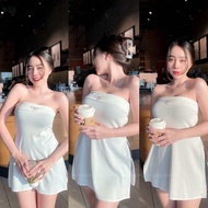 🧡LADY DAKA SHOP🧡 เสื้อเกาะอกตัวยาวผ่าข้าง แต่งเข็มกลัดโบว์เพชร