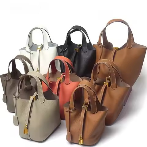 Women's 100% Genuine Togo Leather Flower Printed Bucket Bag Top Handle Picotin Handbag