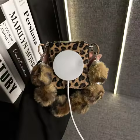 Luxury Leopard Print Magnetic Phone Case with Plush Hairball Bracelet for Motorola Razr50 Razr 50 Ul