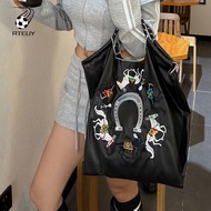 RTEUY Korean Style PU Embroidery Handbag Vacation Tote Bag Printing INS Shoulder Bags Office Worker Tote Storage Bag Drawstring Handbag Shopping