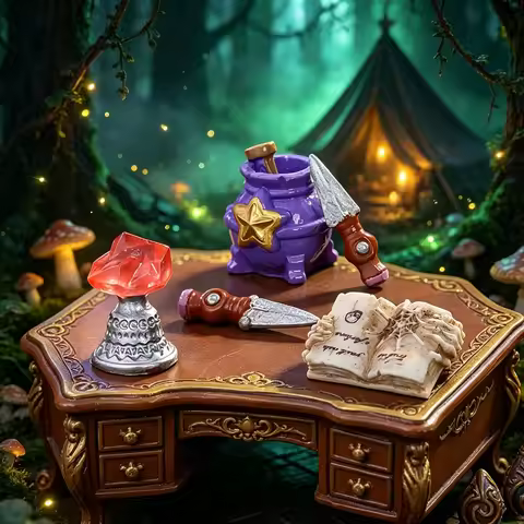 1:12 Dollhouse Mini Magic Desk Set, Wizard Cauldron Magic Book Gem Model, Resin Scene Decor Collecti