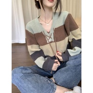 Shein  เสื้อครอบไหมพรมแขนยาว เสื้อกันหนาวแขนยาวลําลอง ผ้าถัก ทรงหลวม ลายทาง ลายทางสลับสี สีคอนทราสต์