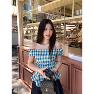 Off shoulder top Off-the-shoulder top Off-the-shoulder top French Off-shoulder Blue Plaid Short-Slee