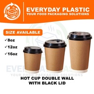 [READY STOCK] 25PCS PREMIUM DOUBLE WALL HOT CUP WITH BLACK LID | 8OZ, 12OZ, 16OZ | HOT CUP WITH LID 