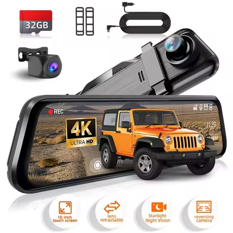 9.66" IPS Full Touch Mirror Dash Cam, 4K Front & 1080P Rear, 32G Card, Night Vision, 24H Parking Mon