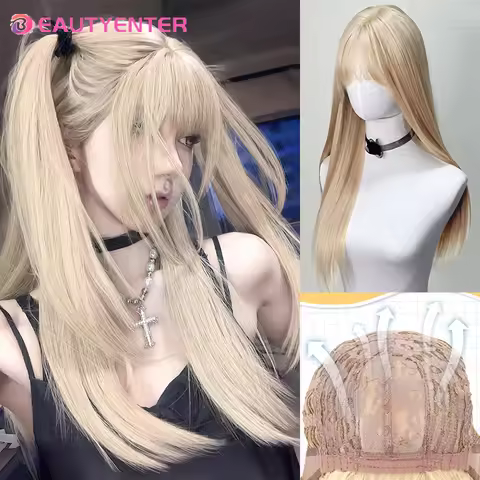 26Inch Blonde Platinum Golden Synthetic Wigs With Bang Long Natural Straight Hair Wig for Women Hime