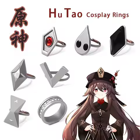 New 7Pcs/Set Anime Genshin Impact Hu tao Cosplay Rings Adjustable Metal Nine Pillars of Secret Repen
