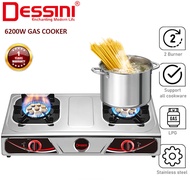 DESSINI 6200W Gas Cooker 2 Burner LPG Dapur Gas Double Auto Ignition Stainless Steel High Power Stov