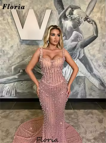 Vestidos De Noche Beading Evening Dresses Blush Pink Mermaid Wedding Party Dress Prom Second Recepti