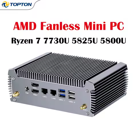 Topton AMD Fanless Mini PC Ryzen 7 7730U 5825U R5 5625U, Dual LANs, WiFi 6, Ultra-Quiet Desktop Offi