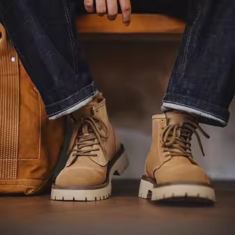 Maden Men's Cow Suede High-Top Boots Lace-Up Ankle Boots Chunky Round Toe Work Desert Boots for Fall