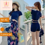 ◕♞ Cover Up Swimwear Plus Size Blue Floral Swimsuit Bikini suit Summer Rash Guard For Women Korean B