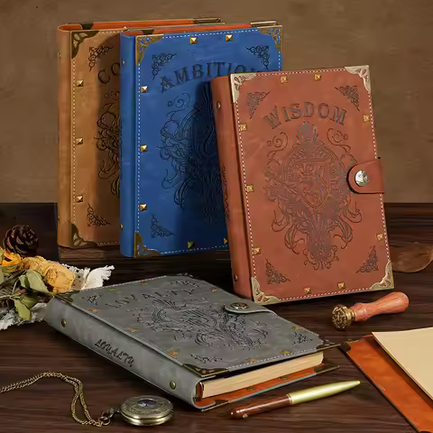 Vintage Wizard Academy A5 Leather Notebook Embossed Magic Diary Loose Leaf Journal Retro Hardcover N