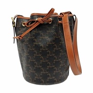 CELINE 水桶包 小號 黑色塗層帆布凱旋門肩背包 斜背包 金色五金