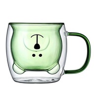 雙層隔熱耐熱玻璃杯 帶把手3D卡通小熊杯 家用透明咖啡杯 馬克杯 交換禮物 情人節禮物 綠色